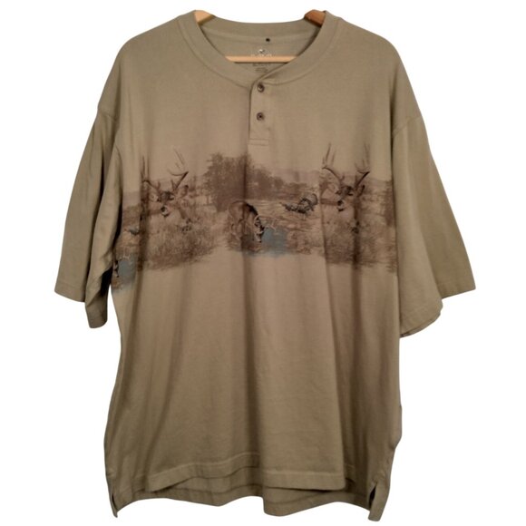 Redhead Henley Shirt Men XL Buck Deer Turkey Hunting Hunt Tan Animals Cabincore - Picture 2 of 10